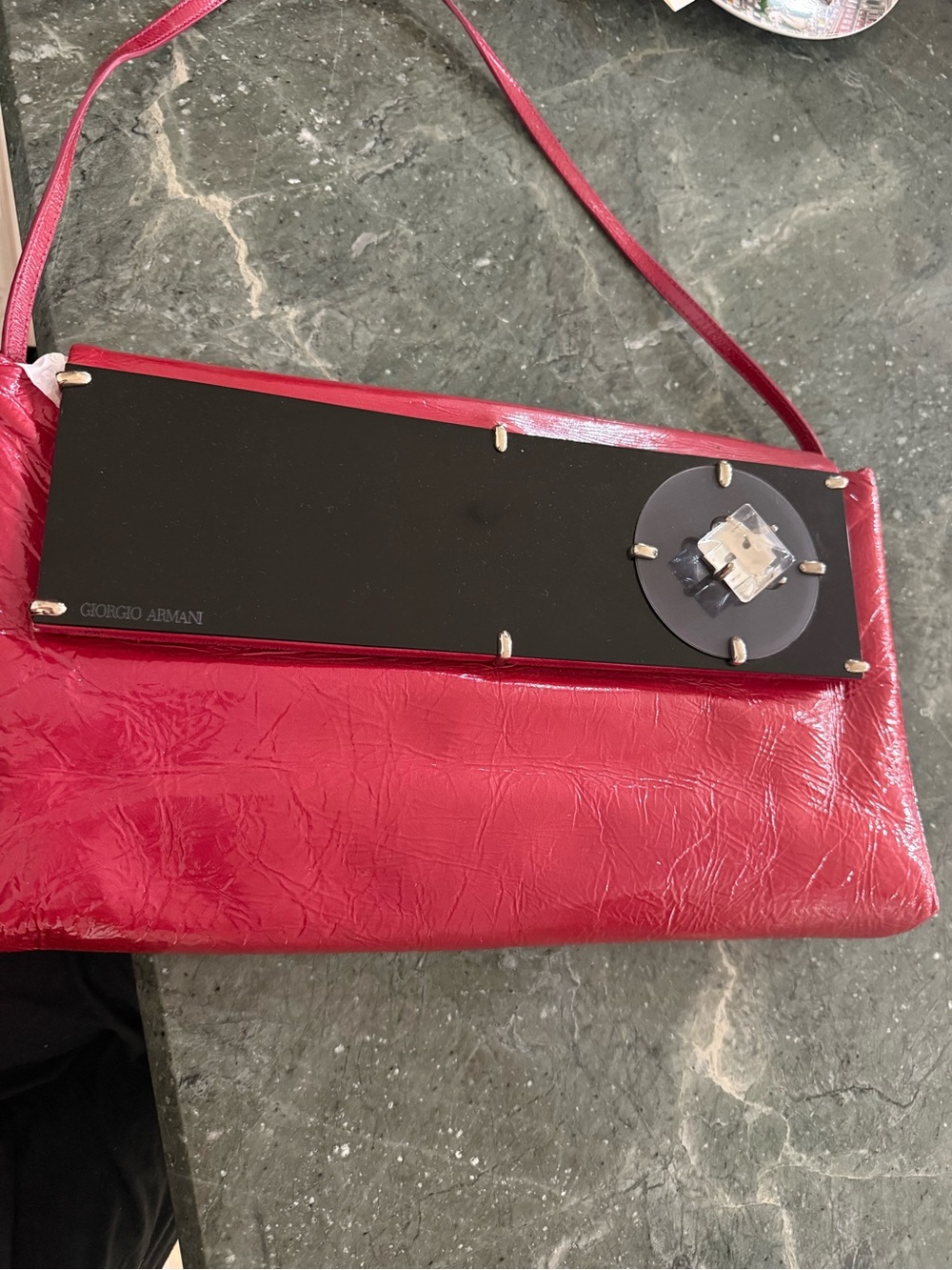 Giorgio Armani Red Patent Leather Clutch with Black Accent Panel